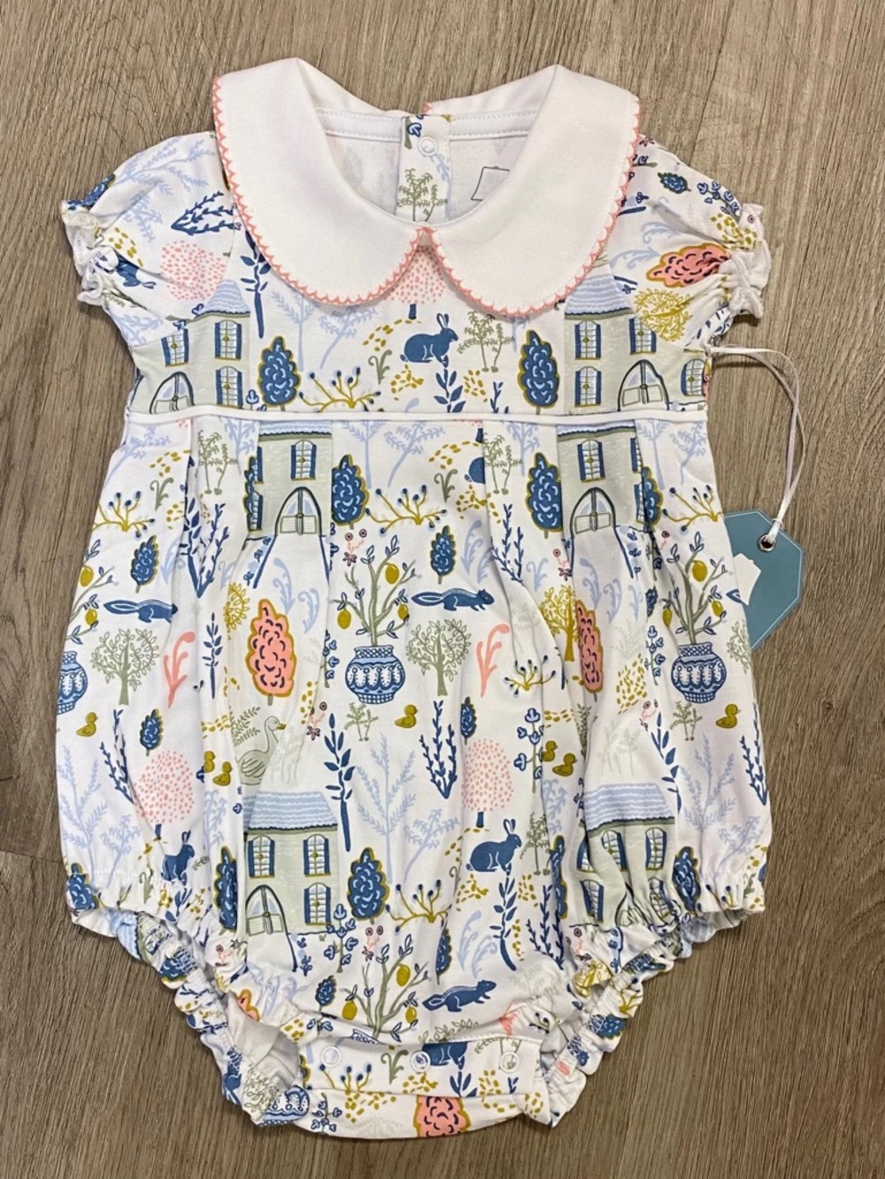 Classic White Peter Pan Collar Baby One-Piece with Blue & Pink Print